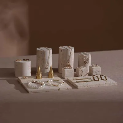 Jewelry - Yellow Travertine Jewelry Display Set with Brass Ring Cones - WHISPERING WOODS