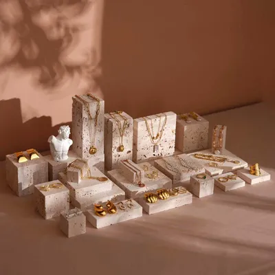 Jewelry - Yellow Travertine Jewelry Display Set with Gypsum Sculpture - WHISPERING WOODS