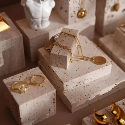 Jewelry - Yellow Travertine Jewelry Display Set with Gypsum Sculpture - WHISPERING WOODS