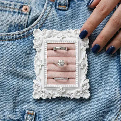 Jewelry - White Rococo Ring and Earring Display Frame with Brass Stand - WHISPERING WOODS