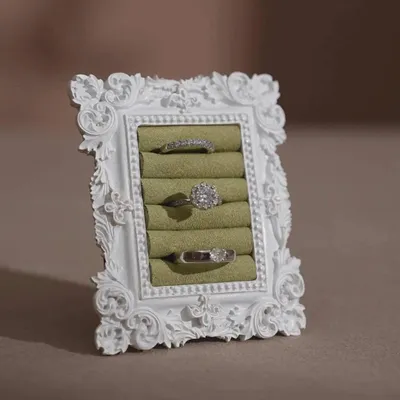 Jewelry - White Rococo Ring and Earring Display Frame with Brass Stand - WHISPERING WOODS