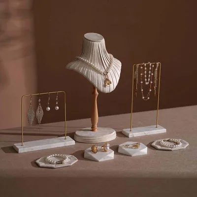 Jewelry - Pleated Vegan Suede Necklace Bust Display Set with Brass and Marble - WHISPERING WOODS