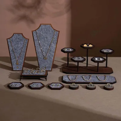 Jewelry - Gray Felt and Walnut Veneer Jewelry Display Set - WHISPERING WOODS