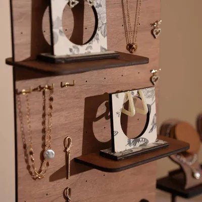 Jewelry - Large Walnut Veneer Jewelry Display Set with Stands and Trays - WHISPERING WOODS