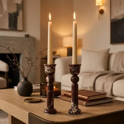 Christmas table settings - Rosso Levento red marble candle holder - SAGIT