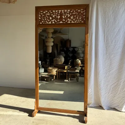 Mirrors - Very large teak standing mirror with carved openwork pediment, Indones - OFFICE OBJETS