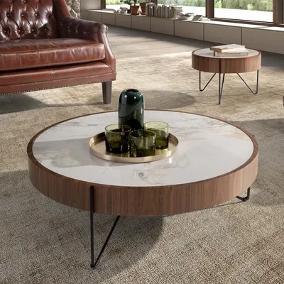 Tables basses - Table basse ronde en marbre porcelaine, noyer et acier noir - ANGEL CERDÁ