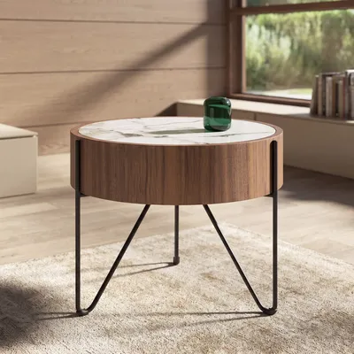 Coffee tables - Round corner table in porcelain marble, walnut and black steel - ANGEL CERDÁ