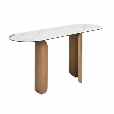 Console table - Oval half-round console table in porcelain marble and bronze-coloured - ANGEL CERDÁ