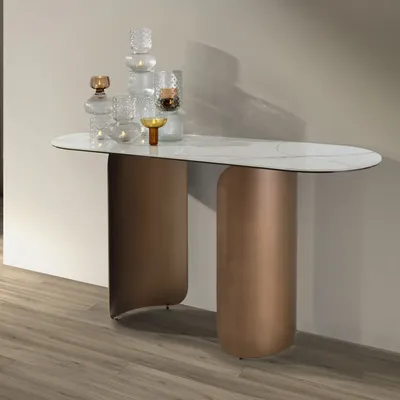 Console table - Oval half-round console table in porcelain marble and bronze-coloured - ANGEL CERDÁ
