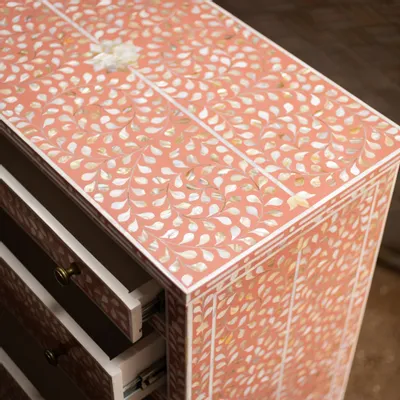 Commodes - Arabesque Bone Inlay Five-Drawer Tallboy - Coral - HOUSE OF JAIPUR