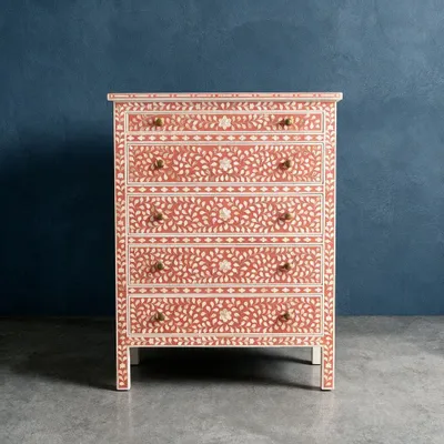 Commodes - Arabesque Bone Inlay Five-Drawer Tallboy - Coral - HOUSE OF JAIPUR