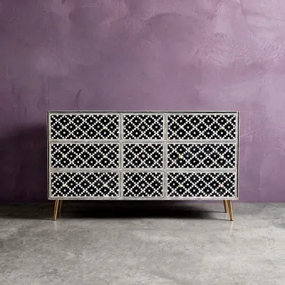 Commodes - Pixel Lattice Inlay Nine-Drawer Dresser - HOUSE OF JAIPUR