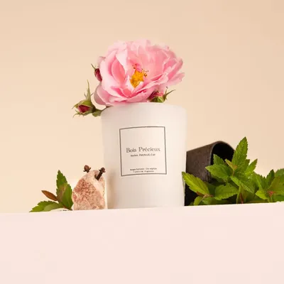Candles - Precious Wood scented candle - 180g white glass 100% vegetable wax - TANDEM FRAGRANCES