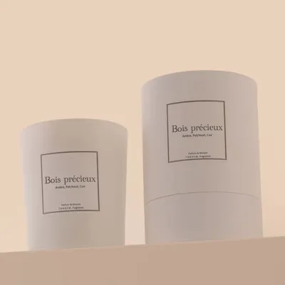 Candles - Precious Wood scented candle - 180g white glass 100% vegetable wax - TANDEM FRAGRANCES