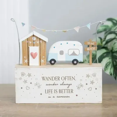 Ornaments - Wander Often Beach Hut Caravan Wooden Ornament - SOMETHING DIFFERENT WHOLESALE EUROPE BV