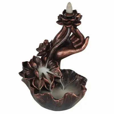 Scents - Bronze Effect Hand with Flower Backflow Incense Burner - SOMETHING DIFFERENT WHOLESALE EUROPE BV