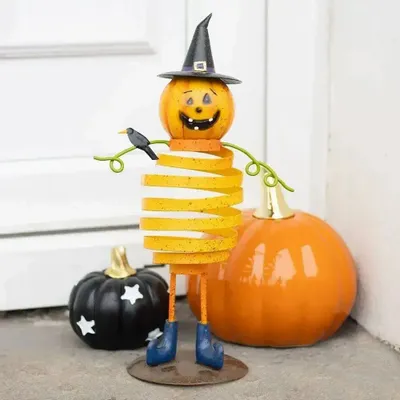 Ornaments - Orange Metal Pumpkin Man Ornament with Spring Body - SOMETHING DIFFERENT WHOLESALE EUROPE BV