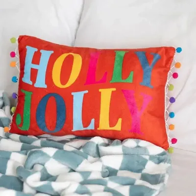 Cushions - Red Holly Jolly Cushion with Pom Poms - SOMETHING DIFFERENT WHOLESALE EUROPE BV