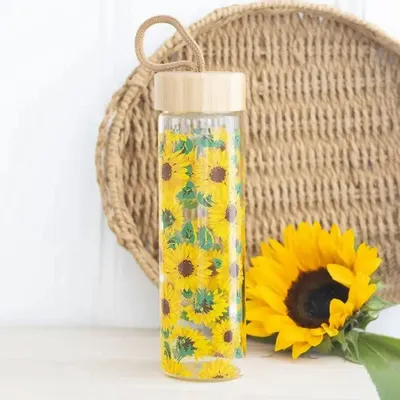 Glass - Sunflower Print Glass Water Bottle - SOMETHING DIFFERENT WHOLESALE EUROPE BV