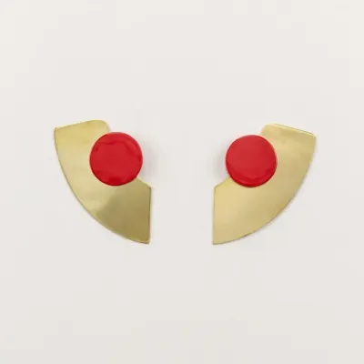 Bijoux - Boucles d'oreilles demi-rond laiton, pendant laque rouge - Tiges - L INDOCHINEUR X RIVÊT