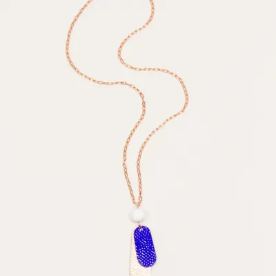 Jewelry - Pendant, 2 hammered copper leaves, blue lacquer, white bead - L INDOCHINEUR X RIVÊT