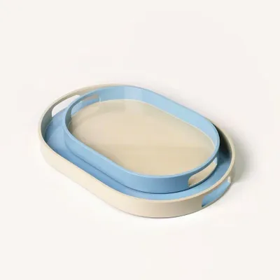 Plateaux - Set de 2 plateaux ovales 45x28 - 40x25 Bleu ciel/Gris, Gris/Bleu ciel - L INDOCHINEUR X RIVÊT