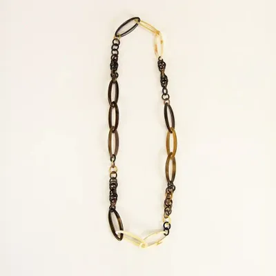 Bijoux - Sautoir anneaux fins ronds et ovales en corne blonde africaine 90 cm - L INDOCHINEUR X RIVÊT