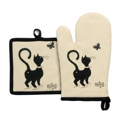 Maniques - Gant de cuisine + Manique Dubout Chat Papillon Beige 18 x 28 - MAISON VIVARAISE - SDE VIVARAISE WINKLER