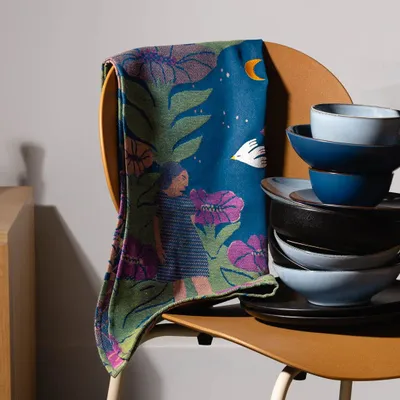 Dish towels - "Nocturne"embroidered tea towel - TISSAGE MOUTET