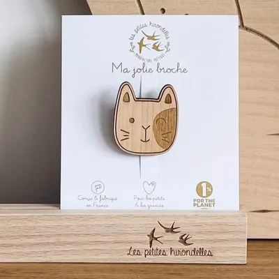 Broche en bois - Chat moustaches - LES PETITES HIRONDELLES
