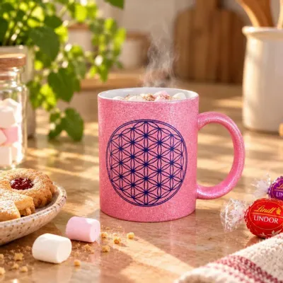 Cadeaux - Mug Fleur de Vie rose pailleté - MANDALASHOP