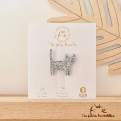 Brooches - Glitter felt brooch - Standing cat - Silver - LES PETITES HIRONDELLES