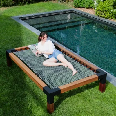 Benches for hospitalities & contracts - Double Sunbed in exotic wood with braided marine net - LOFTNETS