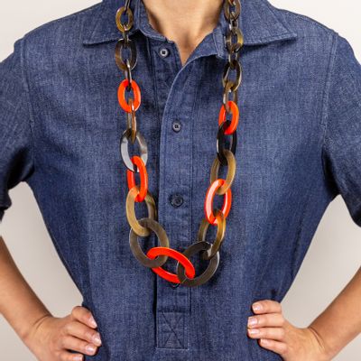 Bijoux - Sautoir anneaux plats ovales de 3 tailles en corne - L INDOCHINEUR X RIVÊT