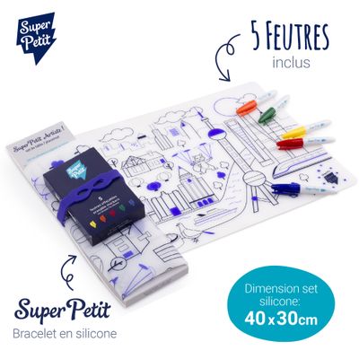 Jeux enfants - set de table en silicone à colorier à l'infini avec 5 feutres effaçables- Ville Futuriste - SUPERPETIT