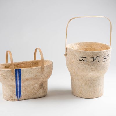 Flower pots - Paper Clay Vase (Natural with Blue Strip Double) - INDIGENOUS