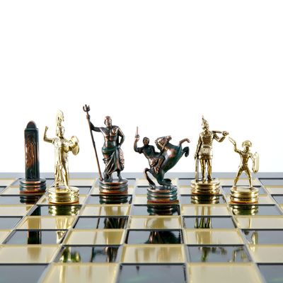 Gifts - GREEK MYTHOLOGY CHESS SET with green/gold chessmen and bronze chessboard 36 x 36cm (Medium) - MANOPOULOS CHESS & BACKGAMMON