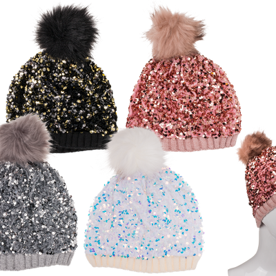 Chapeaux - Comfort cap with artifical fur pompom & sequins Glitter - OUT OF THE BLUE