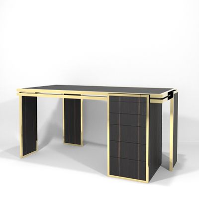 Office desks - James Desk in High Gloss Ebony Wood and Brass - DUISTT
