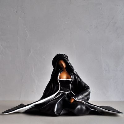 Unique pieces - Leather sculpture, woman sitting in black and white dress - ANNIE DELEMARLE SCULPTURE CUIR
