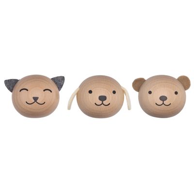 Children's decorative items - Set of 3 beech wood hooks: Cat, Dog, Bear - BRIKI VROOM VROOM