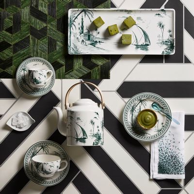 Platter and bowls - Oblong serving tray Vue d'Orient - Les Dépareillés Vert - GIEN