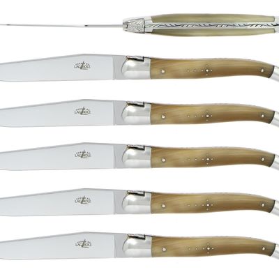Gifts - Table knives, high polished finish with light or dark Horn handle, set of 6 - FORGE DE LAGUIOLE