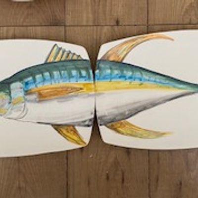 Assiettes de réception - Paire de plateaux de sushi en céramique peinte à la main 38x22 cm, « le poisson en deux ». - CERASELLA CERAMICHE