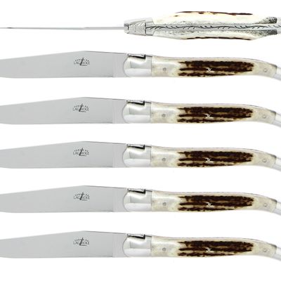 Gifts - Table knives, high polished finish with Deer antler handle, set of 6 - FORGE DE LAGUIOLE