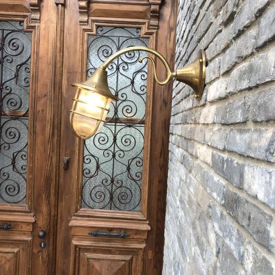 Outdoor wall lamps - Wall light with brass rosette, brass arm and bulkhead lamp 96 - ANDROMEDA LIGHTING