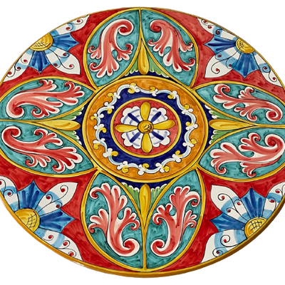 Tables de jardin - Table ronde en grès peint à la main de style Vietri avec pied en fer artistique diamètre 80 cm - CERASELLA CERAMICHE
