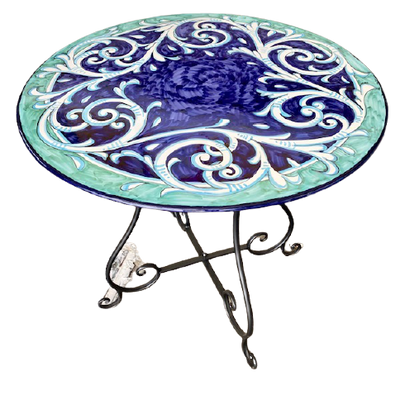 Tables de jardin - Table ronde en grès peint à la main de style Vietri avec pied en fer artistique diamètre 80 cm - CERASELLA CERAMICHE