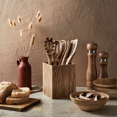 Kitchen utensils - Barbary & Oak Hoxton 5 Piece Ash Wood Utensil Set with Storage Holder - RKW LTD - BARBARY & OAK